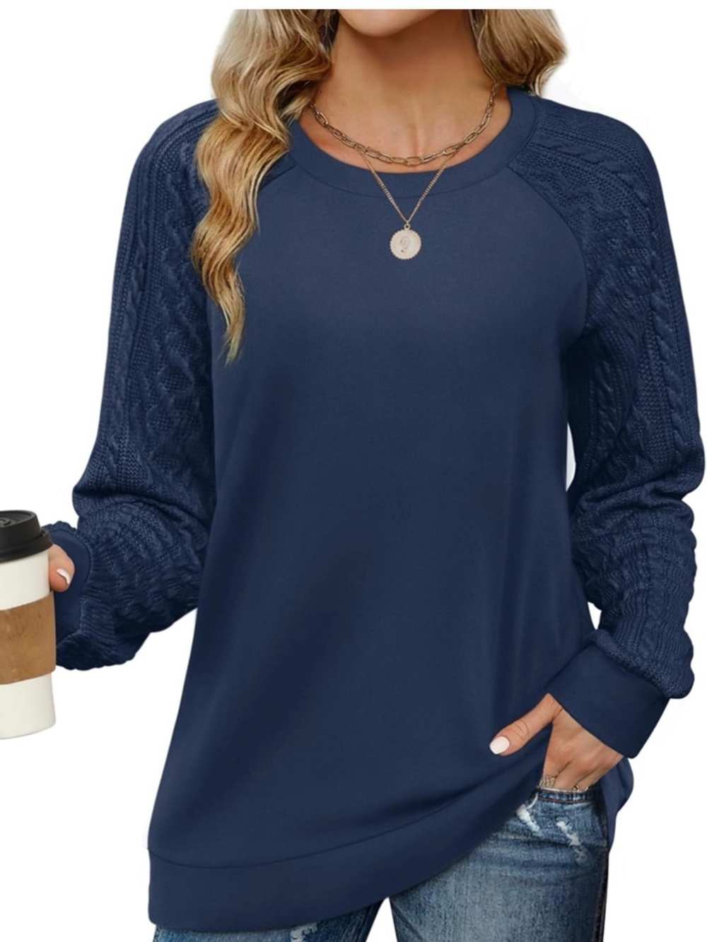 Amazon Navy Cable Raglan Sleeve Crewneck Sweater